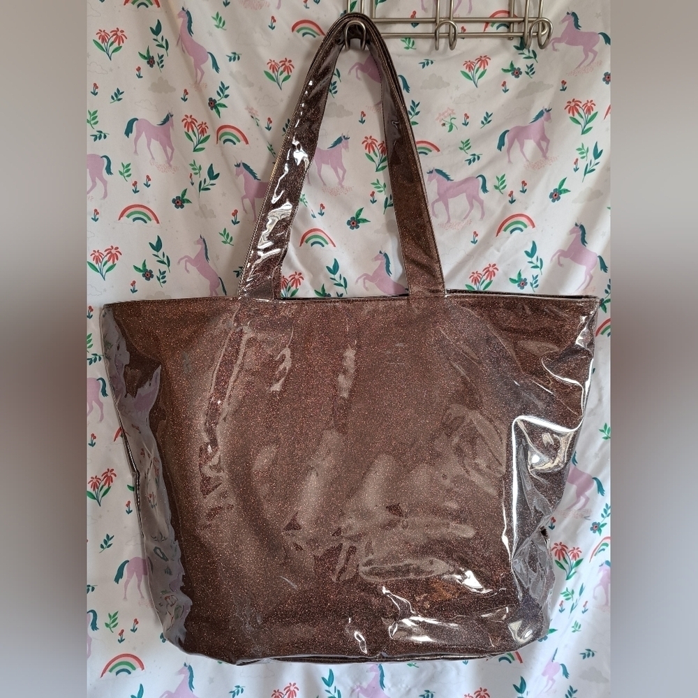 Vintage Kirks Folly Pink Sparkle PVC Travel School Work Beach Tote Purse Bag